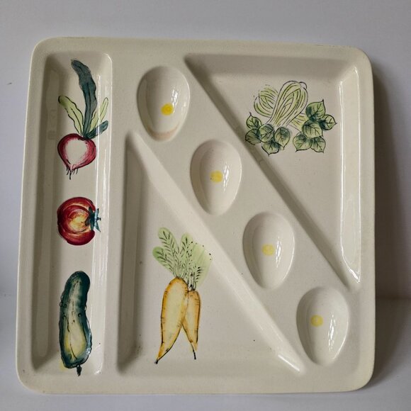 Japanese Ceramic Divided Serving Platter With Hand-Painted Vegetable Design - Picture 1 of 16
